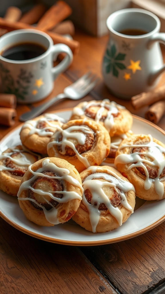 A plate of warm cinnamon roll cookies topped with icing, set on a wooden table with a cozy atmosphere.